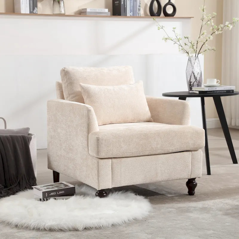 Fauteuil d'appoint en chenille beige avec structure en bois massif