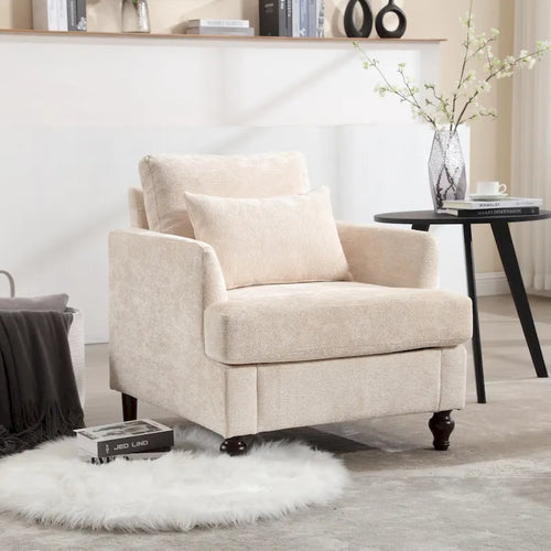 Beige 29.53 Chenille Upholstered Arm Chair with Solid Wood Frame and Cushions