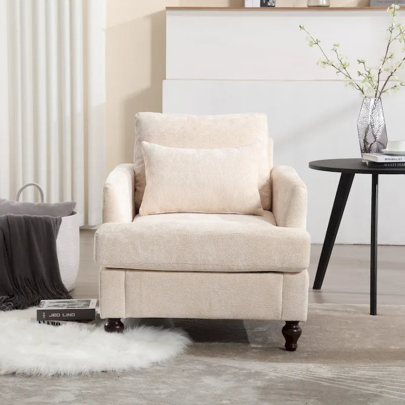 Fauteuil d'appoint en chenille beige avec structure en bois massif