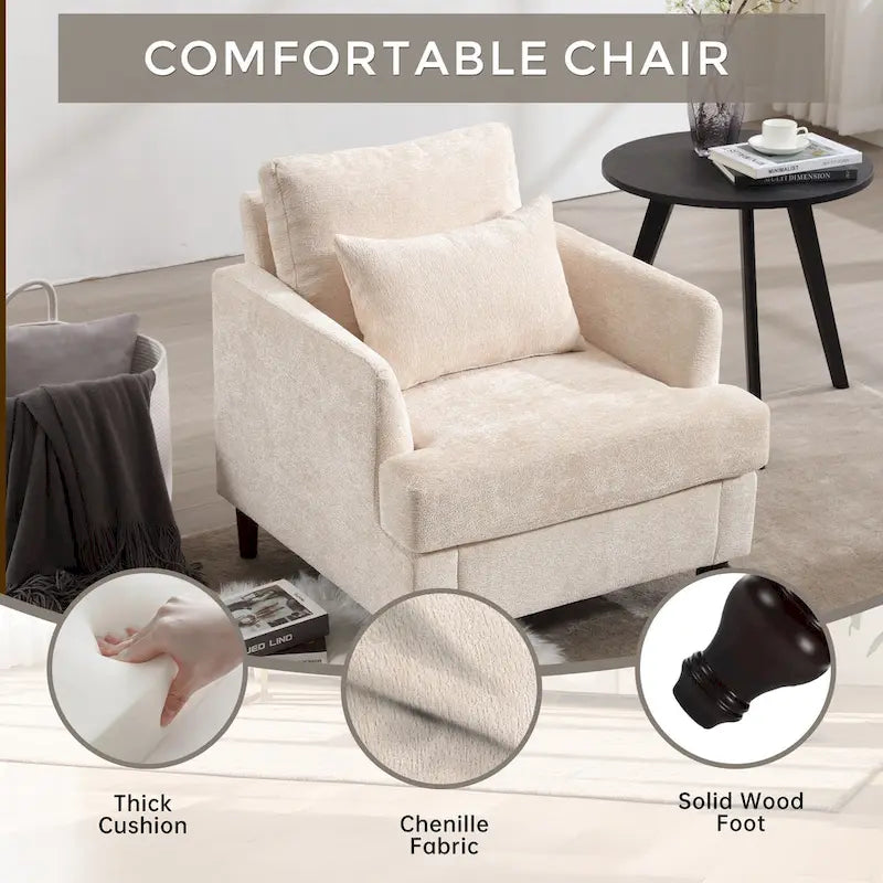 Fauteuil d'appoint en chenille beige avec structure en bois massif