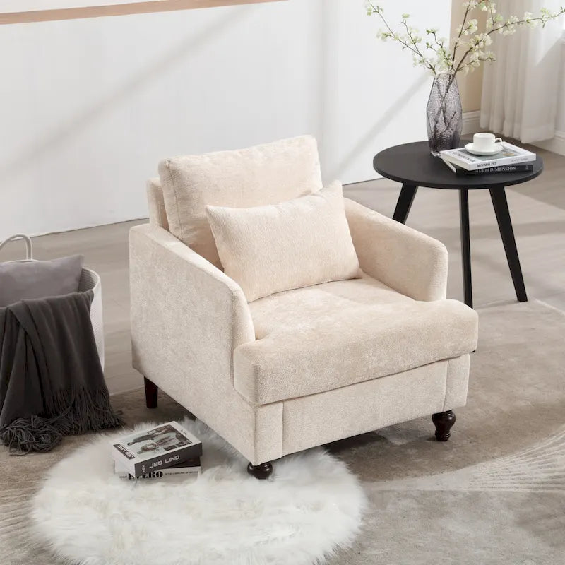 Fauteuil d'appoint en chenille beige avec structure en bois massif