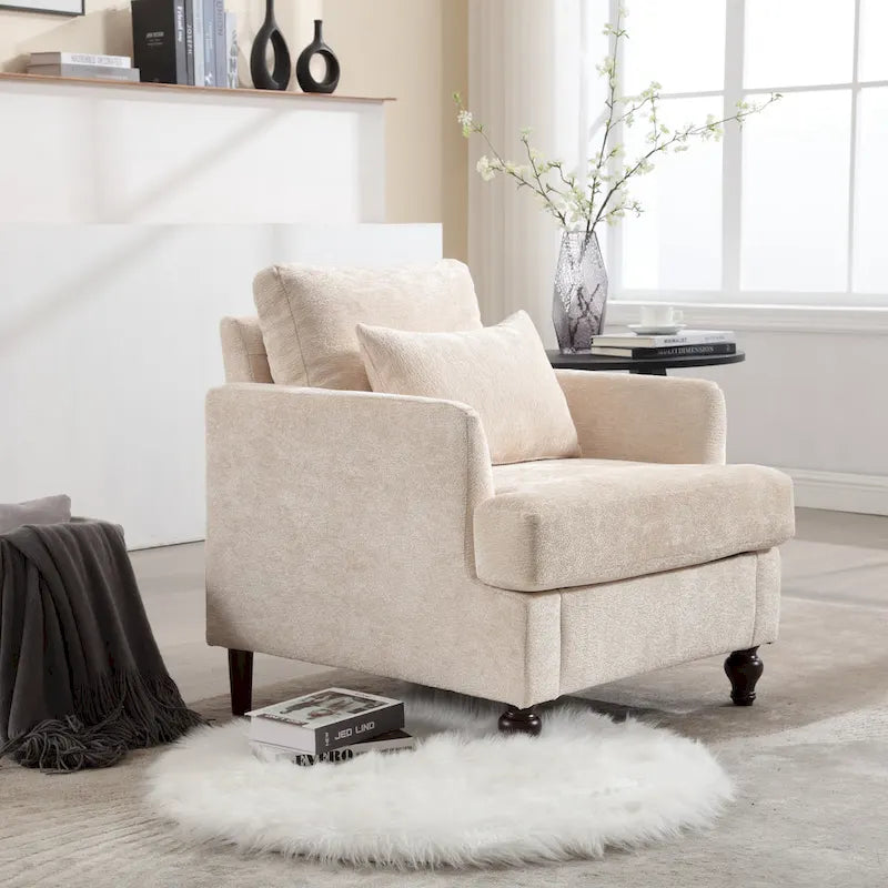 Fauteuil d'appoint en chenille beige avec structure en bois massif