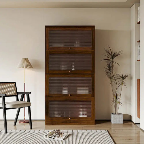 4-Tier Bookcase with Glass Flip-Up Doors and Walnut Finish
