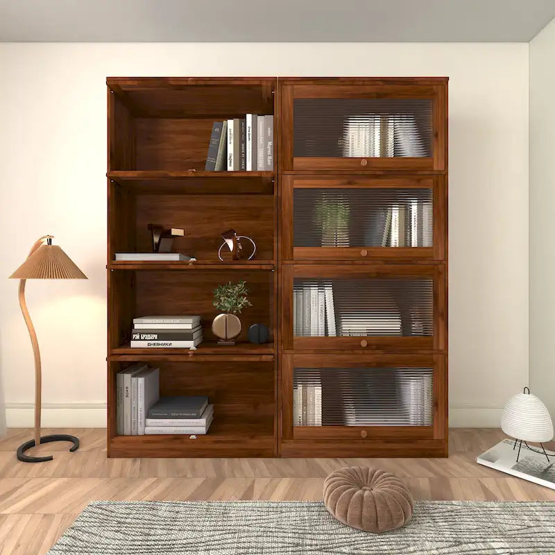 Bibliothèque à 4 niveaux avec portes vitrées relevables et finition noyer
