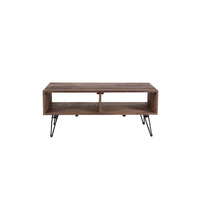 Table de cocktail pliante en bois recyclé avec rangement ouvert et pieds en métal