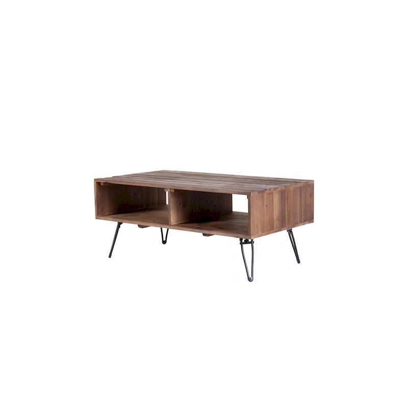 Table de cocktail pliante en bois recyclé avec rangement ouvert et pieds en métal