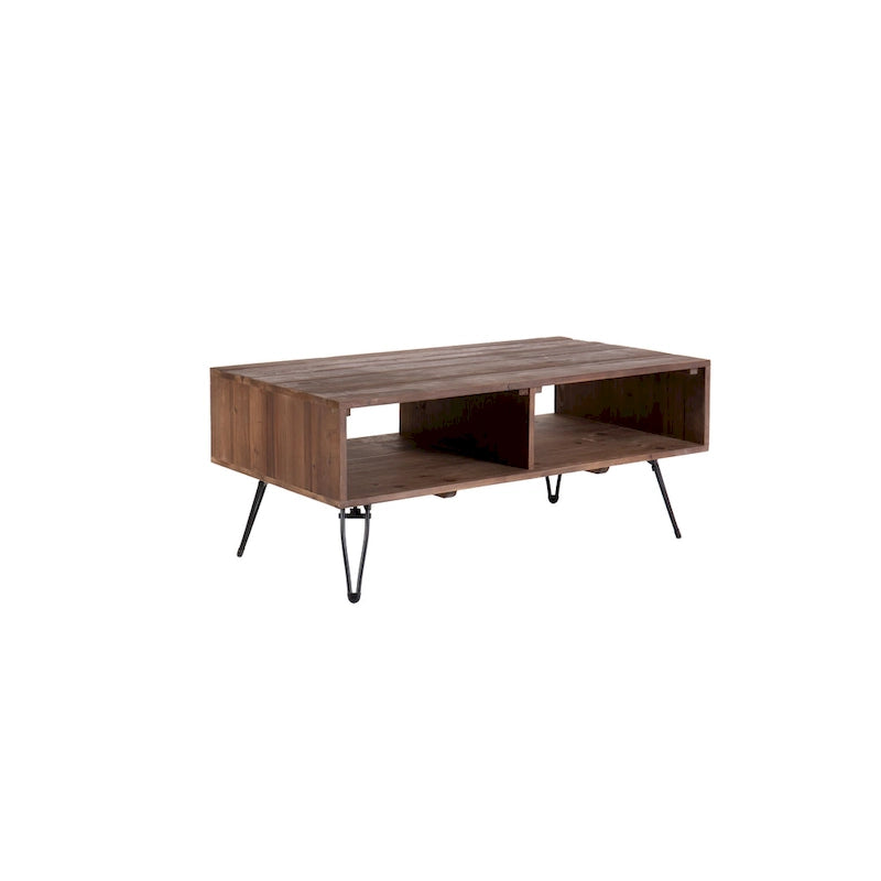Table de cocktail pliante en bois recyclé avec rangement ouvert et pieds en métal