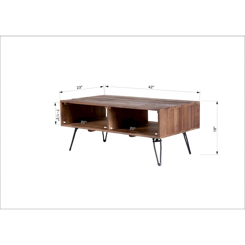 Table de cocktail pliante en bois recyclé avec rangement ouvert et pieds en métal