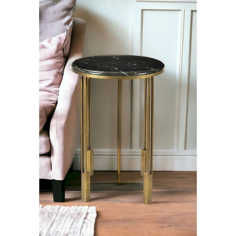 Table d'appoint ronde en marbre noir avec base en fer doré