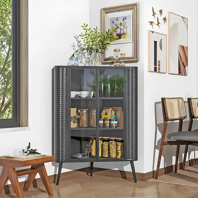Meuble de rangement d'angle à 3 niveaux avec portes en verre trempé et cadre métallique