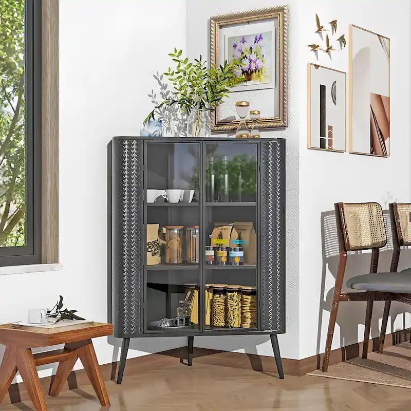 3-Tier Corner Storage Cabinet with Tempered Glass Doors, Removeable Shelves & Metal Frame, Freestanding Space-Saving Organizer