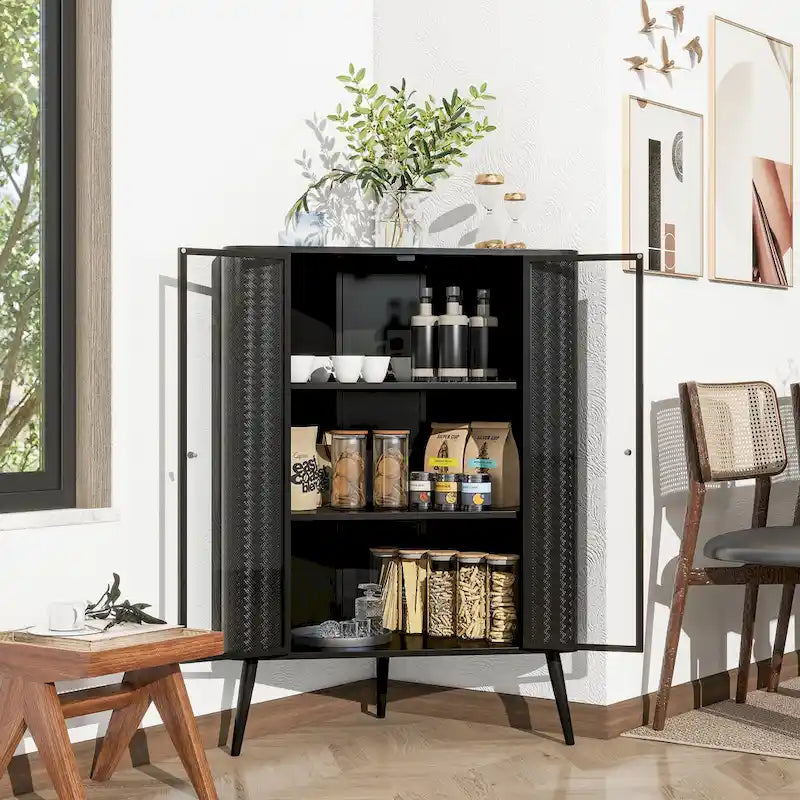 Meuble de rangement d'angle à 3 niveaux avec portes en verre trempé et cadre métallique