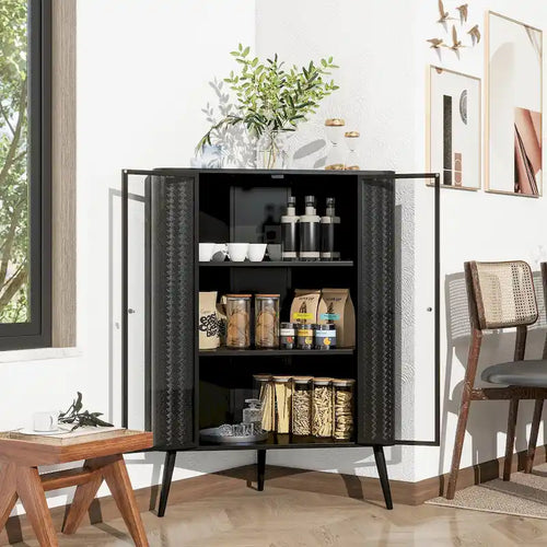 3-Tier Corner Storage Cabinet with Tempered Glass Doors and Metal Frame