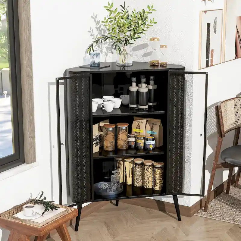 Meuble de rangement d'angle à 3 niveaux avec portes en verre trempé et cadre métallique