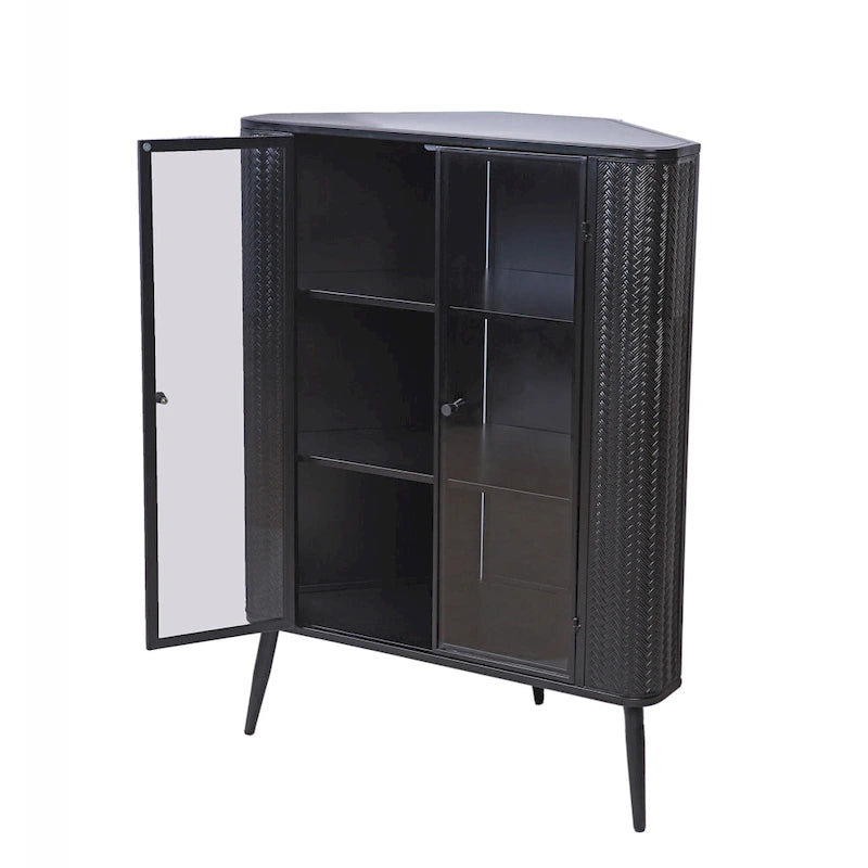 Meuble de rangement d'angle à 3 niveaux avec portes en verre trempé et cadre métallique