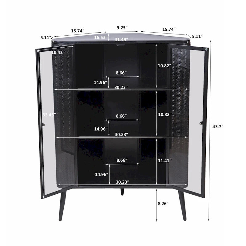 Meuble de rangement d'angle à 3 niveaux avec portes en verre trempé et cadre métallique