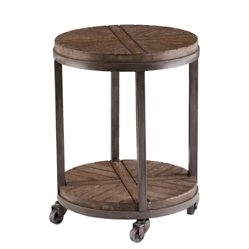 Table d'appoint ronde en bois brun de style industriel avec étagère
