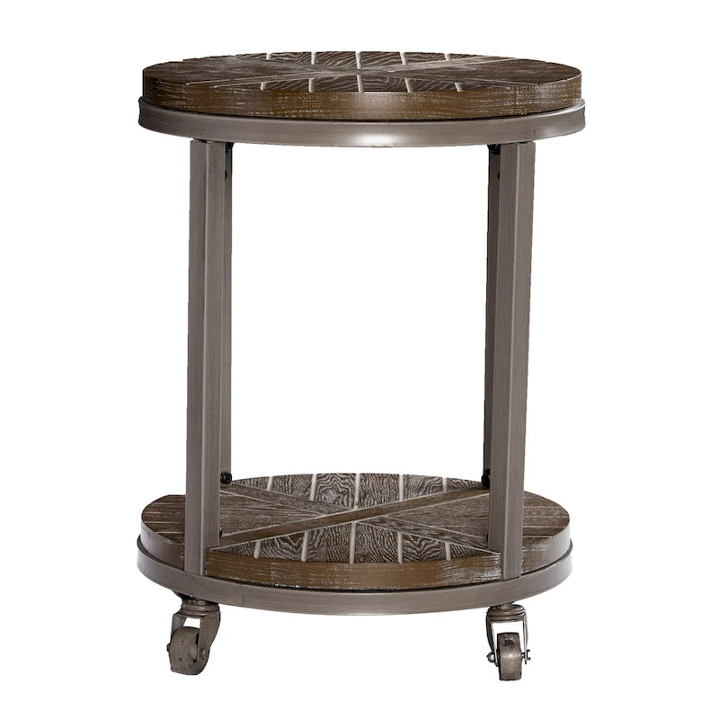 Table d'appoint ronde en bois brun de style industriel avec étagère