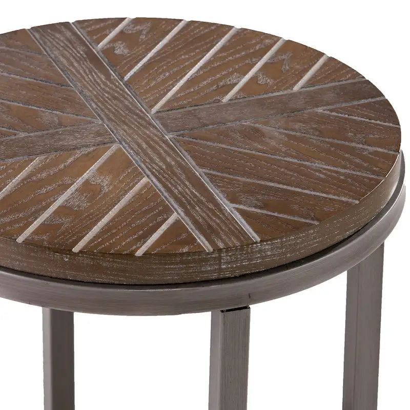 Table d'appoint ronde en bois brun de style industriel avec étagère