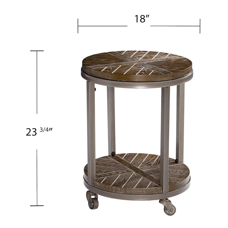 Table d'appoint ronde en bois brun de style industriel avec étagère