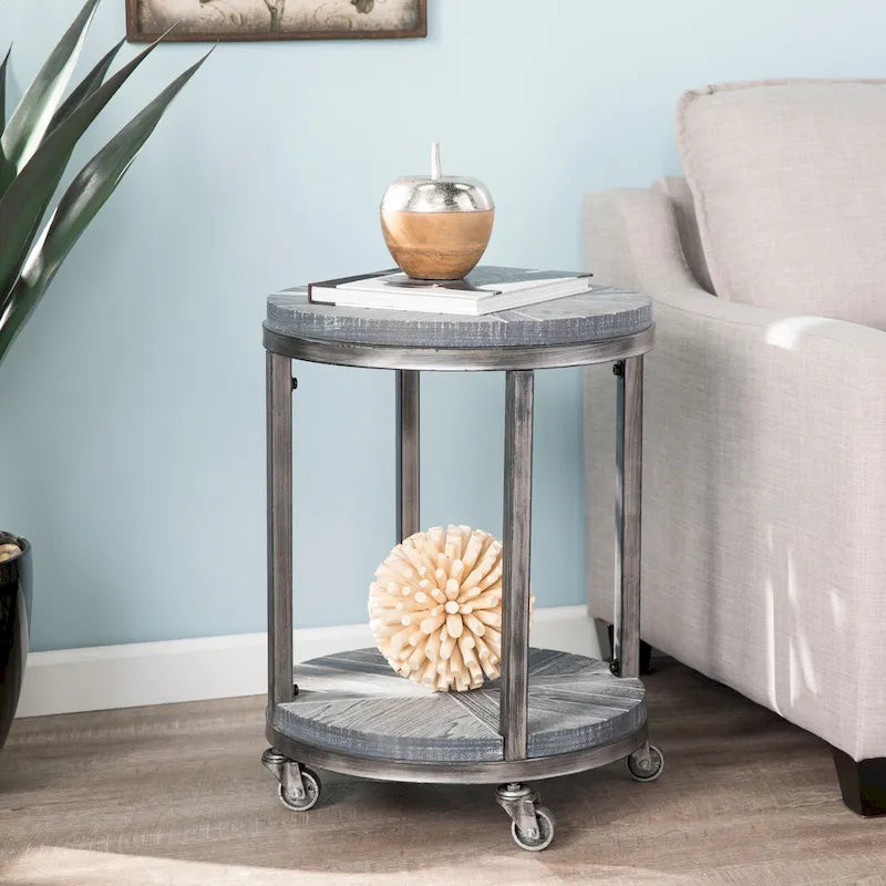 Table d'appoint ronde en bois brun de style industriel avec étagère