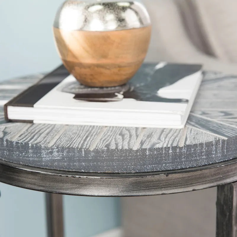 Table d'appoint ronde en bois brun de style industriel avec étagère