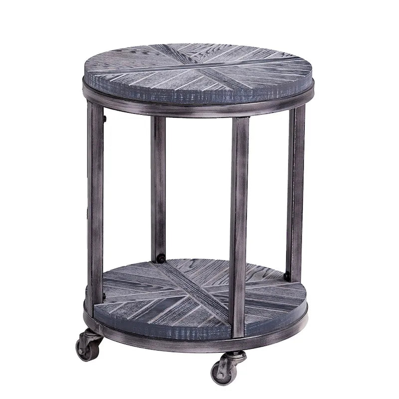 Table d'appoint ronde en bois brun de style industriel avec étagère
