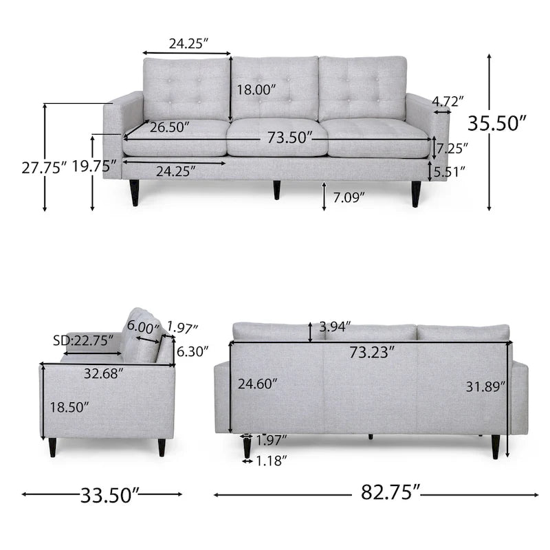 Canapé contemporain 3 places en tissu capitonné avec accoudoirs droits et boutonnage