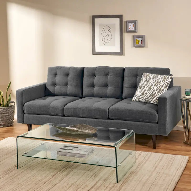 Canapé contemporain 3 places en tissu capitonné avec accoudoirs droits et boutonnage
