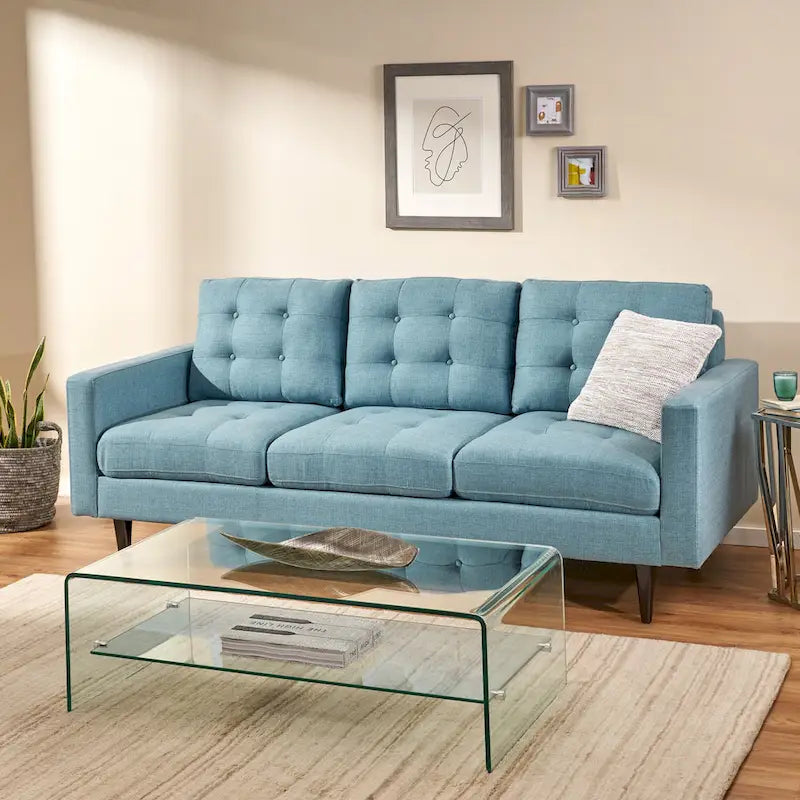 Canapé contemporain 3 places en tissu capitonné avec accoudoirs droits et boutonnage