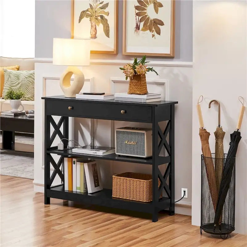 Console en bois avec prise de courant et 2 étagères Table d'entrée