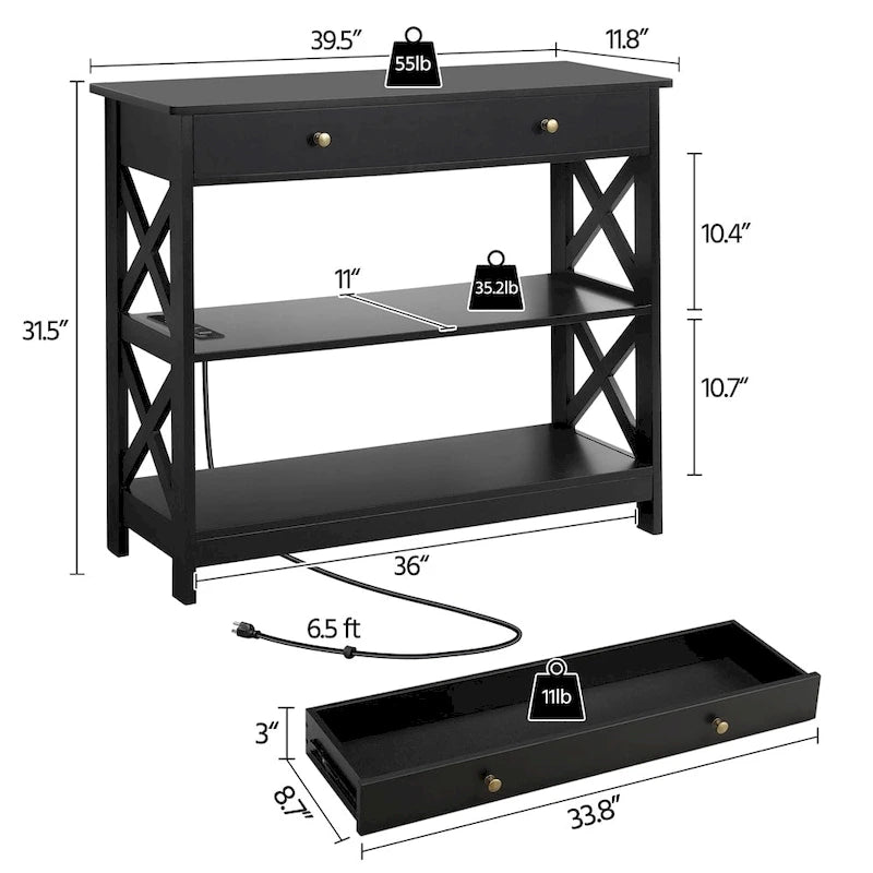 Console en bois avec prise de courant et 2 étagères Table d'entrée