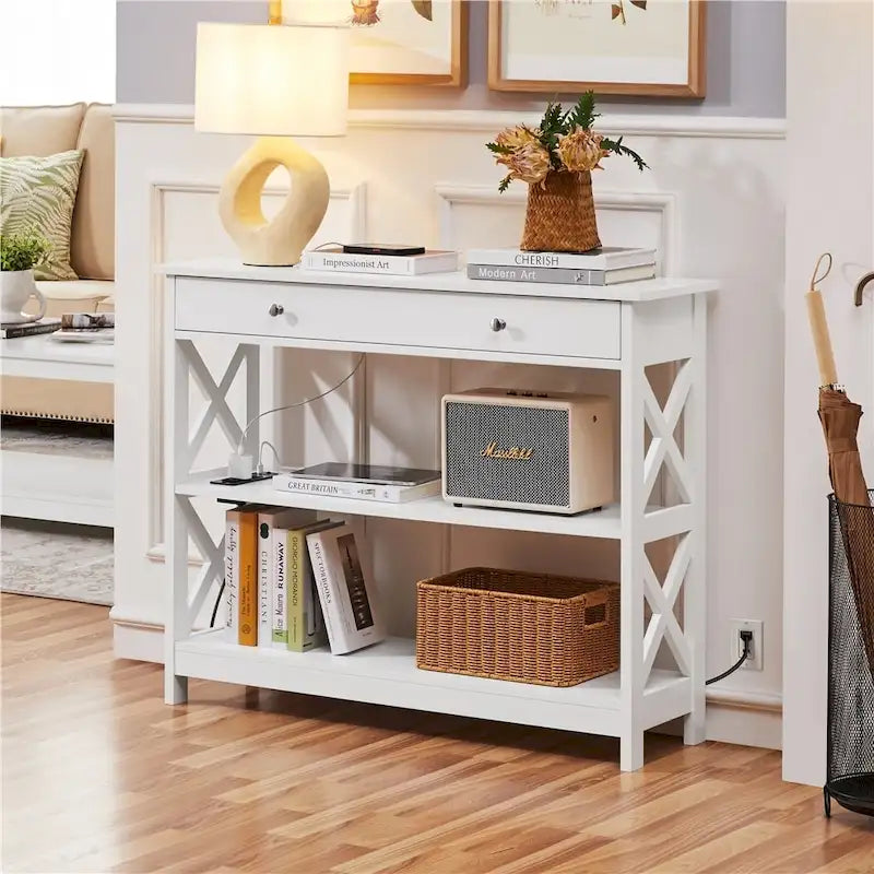 Console en bois avec prise de courant et 2 étagères Table d'entrée