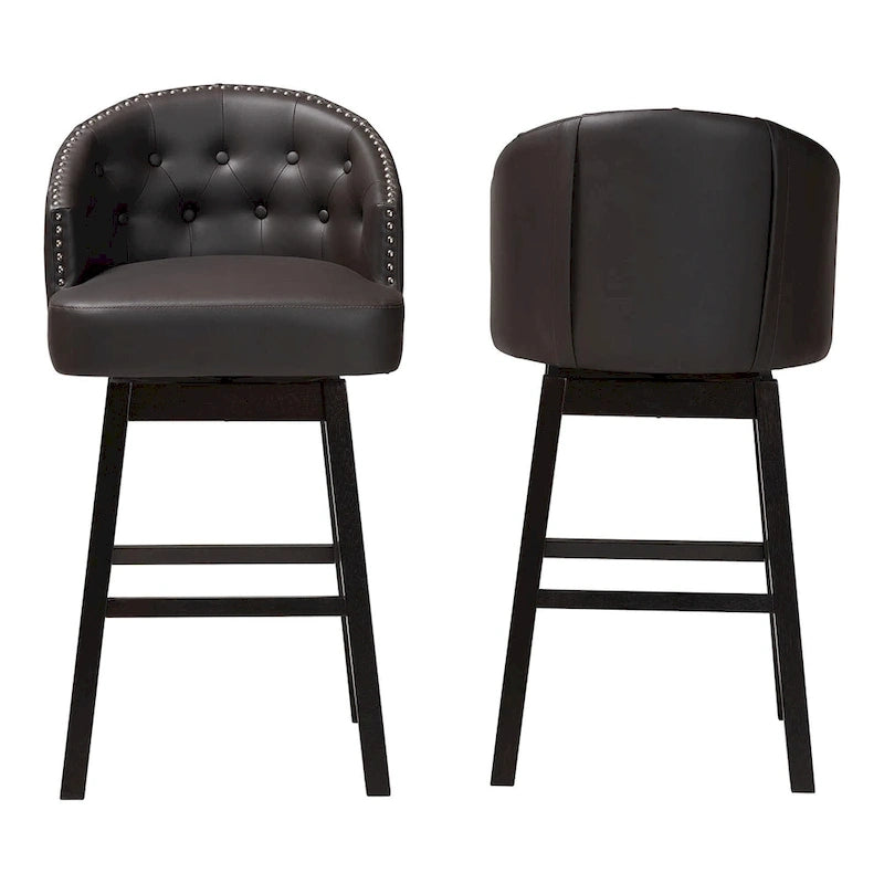 Tabouret de bar pivotant touffeté en similicuir marron avec garniture cloutée