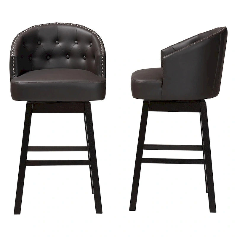 Tabouret de bar pivotant touffeté en similicuir marron avec garniture cloutée