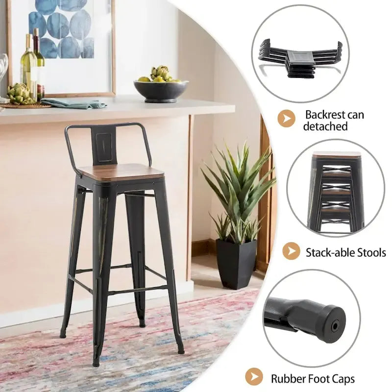 Tabouret de bar noir avec dossier, hauteur 61-66 cm, style industriel