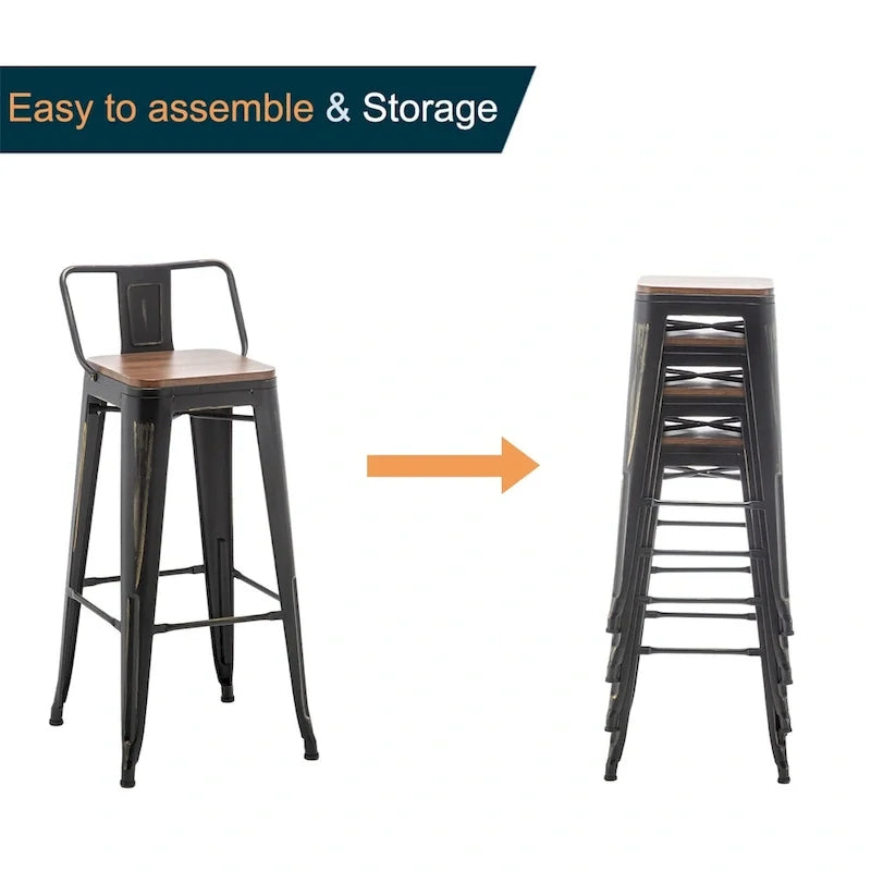 Tabouret de bar noir avec dossier, hauteur 61-66 cm, style industriel