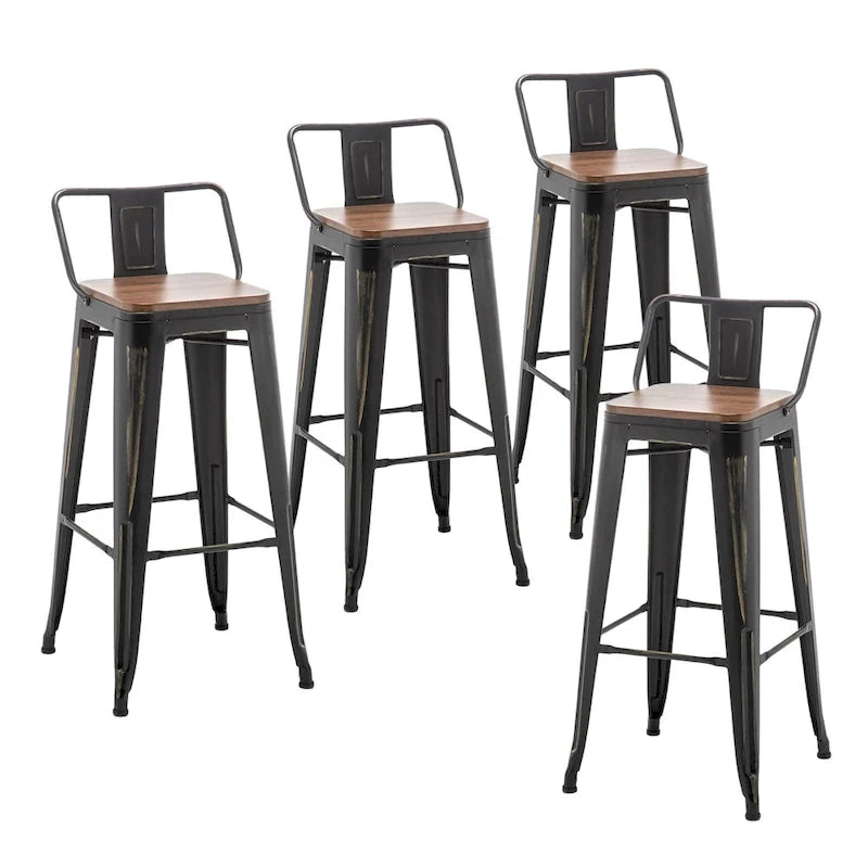 Tabouret de bar noir avec dossier, hauteur 61-66 cm, style industriel