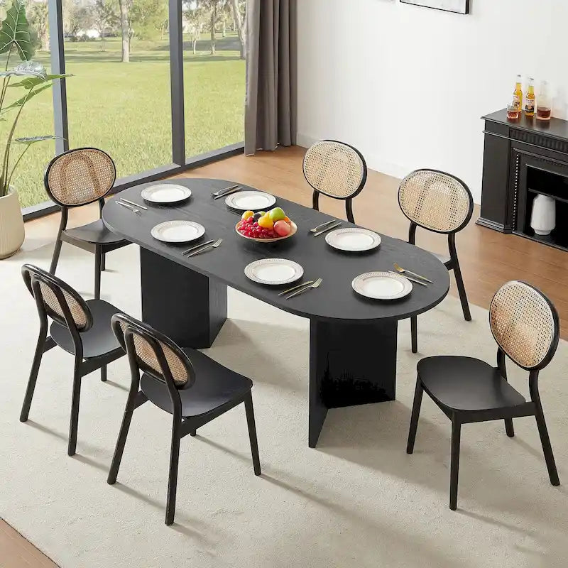 Table à manger ovale noire en MDF avec pied central style moderne