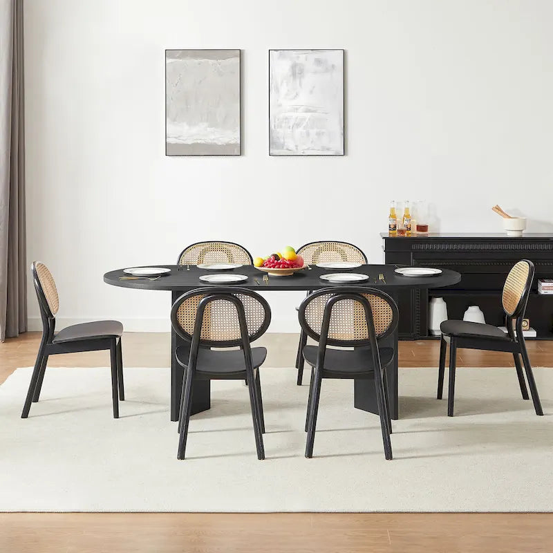 Table à manger ovale noire en MDF avec pied central style moderne