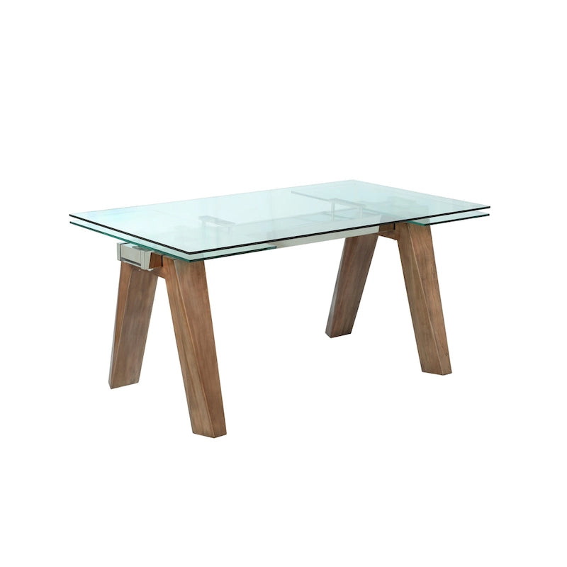 Table à manger moderne avec plateau en verre extensible et pieds en bois massif