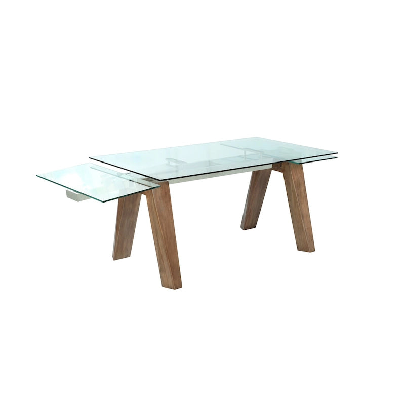 Table à manger moderne avec plateau en verre extensible et pieds en bois massif