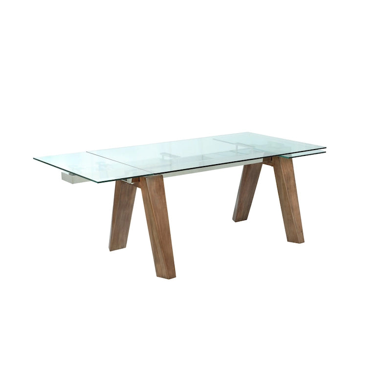 Table à manger moderne avec plateau en verre extensible et pieds en bois massif