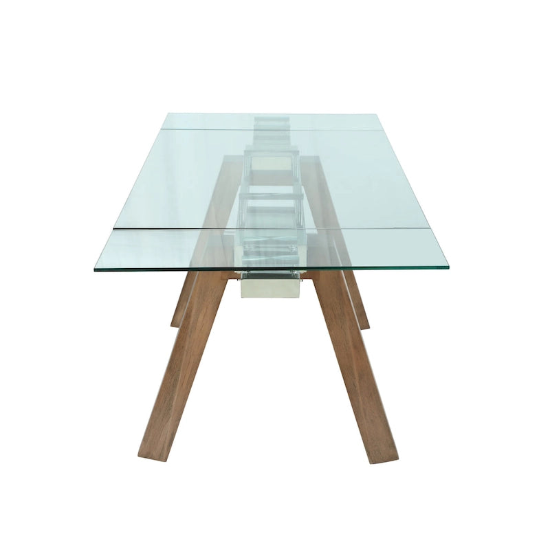 Table à manger moderne avec plateau en verre extensible et pieds en bois massif