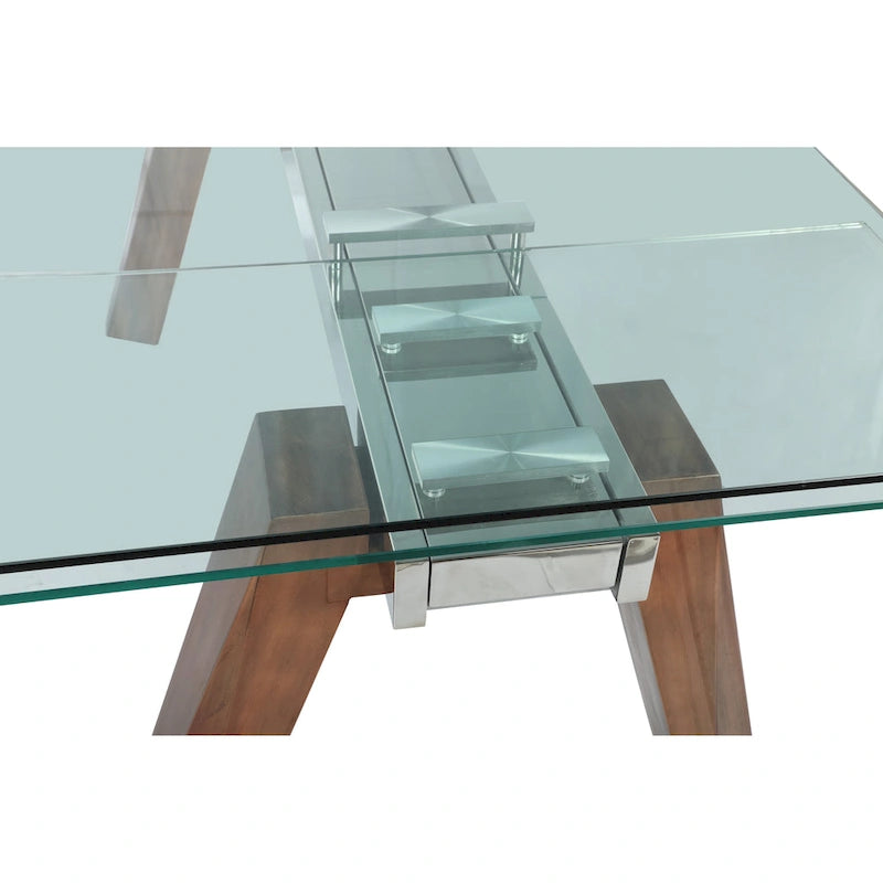 Table à manger moderne avec plateau en verre extensible et pieds en bois massif