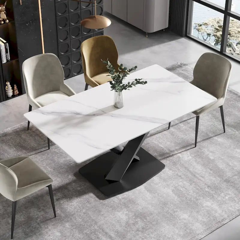 Table à manger en pierre frittée blanche de 160 cm avec piètement en acier noir