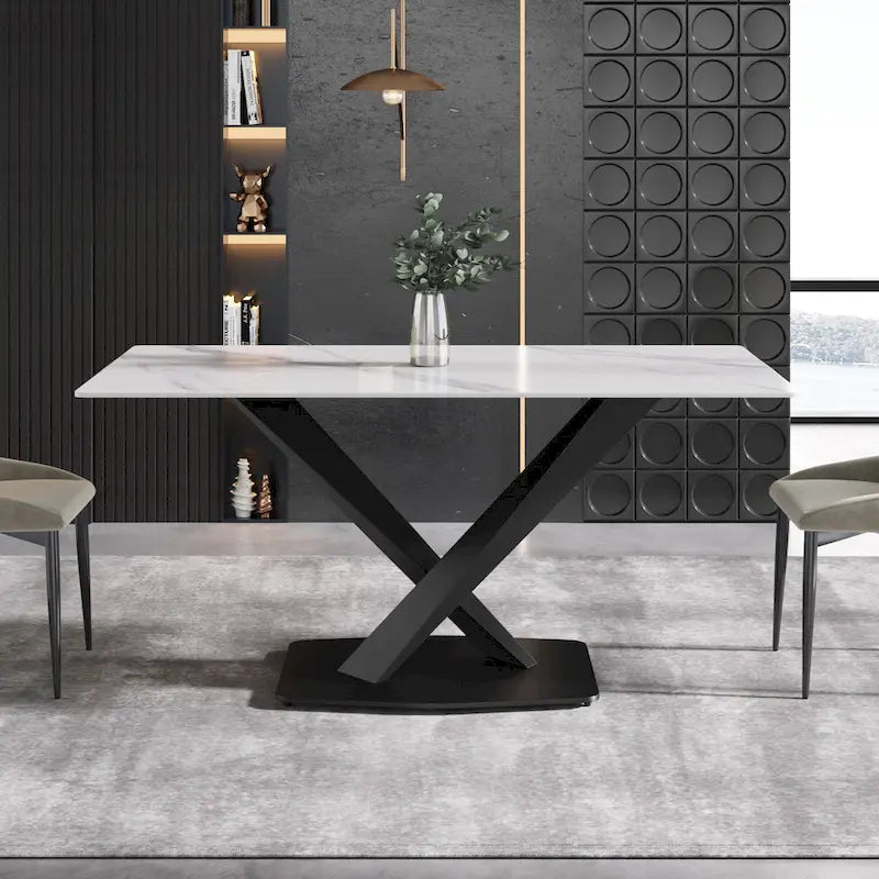 Table à manger en pierre frittée blanche de 160 cm avec piètement en acier noir