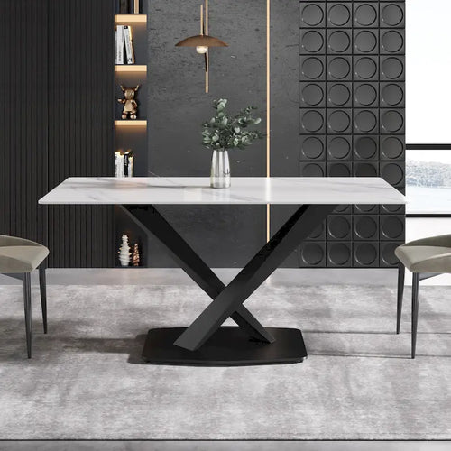 Table à manger en pierre frittée blanche de 160 cm avec piètement en acier noir