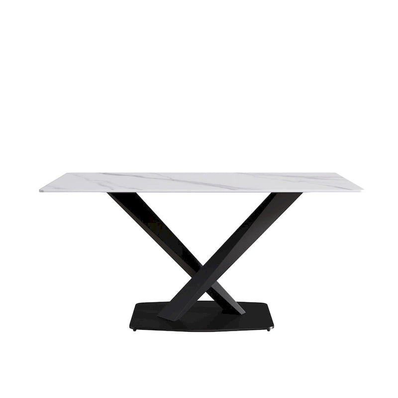 Table à manger en pierre frittée blanche de 160 cm avec piètement en acier noir