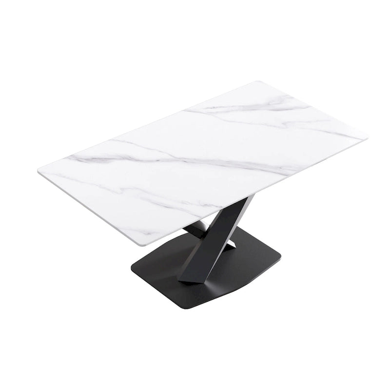 Table à manger en pierre frittée blanche de 160 cm avec piètement en acier noir